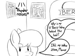 Size: 1024x768 | Tagged: artist:xwoofyhoundx, derpibooru import, dialogue, hiding, monochrome, oc, oc:nurse berry, safe, scared, sketch, solo, thunder, unofficial characters only, younger