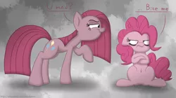 Size: 1250x700 | Tagged: angry, annoyed, annoying, artist:fakskis, belly button, crossed arms, derpibooru import, duality, featureless crotch, grumpy, pinkamena diane pie, pinkie pie, safe, u mad