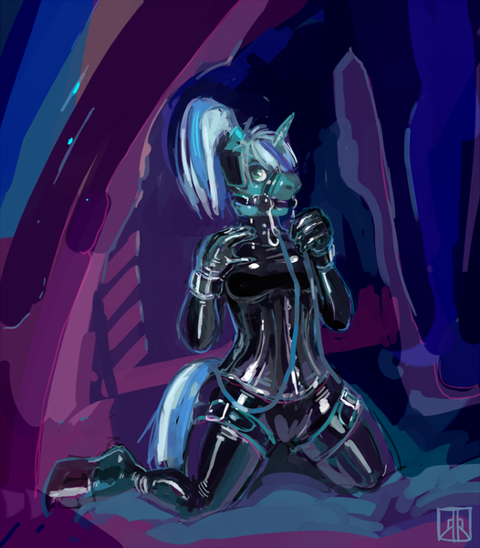 Size: 876x1000 | Tagged: questionable, artist:turbinedivinity, derpibooru import, oc, oc:skyfall, unofficial characters only, anthro, unguligrade anthro, unicorn, anthro oc, bit gag, blinders, bridle, clothes, corset, female, femsub, gag, gloves, kneeling, latex, latex boots, latex fetish, latex gloves, latex suit, pony play, reins, solo, solo female, submissive, tack