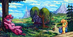Size: 3508x1791 | Tagged: safe, artist:jowybean, derpibooru import, blossomforth, junebug, pinkie pie, bird, canterlot, drink, flower, glass, mountain, open mouth, ponyville, relaxing, saddle bag, scenery, scenery porn, tavern, tree, twilight's castle, weeping willow