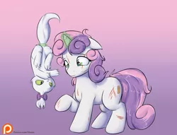 Size: 1400x1067 | Tagged: safe, artist:alasou, deleted from derpibooru, derpibooru import, opalescence, sweetie belle, cat, pony, unicorn, bandaid, claws, cut, cute, diasweetes, female, filly, glowing horn, injured, levitation, magic, messy mane, patreon, patreon logo, raised hoof, scratches, telekinesis, upside down