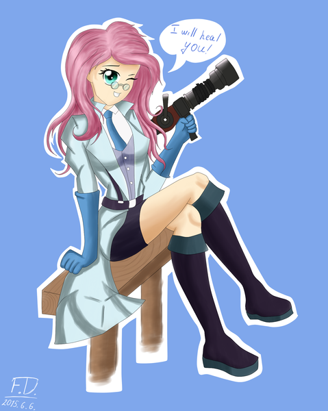 Size: 1636x2048 | Tagged: artist:fluffydus, bench, blu, boots, clothes, crossed legs, derpibooru import, fluttermedic, fluttershy, glasses, gloves, human, humanized, looking at you, medic, medigun, necktie, safe, sitting, smiling, solo, speech bubble, team fortress 2, wink