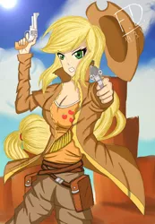 Size: 1800x2600 | Tagged: angry, applejack, artist:fluffydus, bandolier, cleavage, clothes, cowboy hat, derpibooru import, female, gun, hat, human, humanized, looking at you, revolver, safe, satchel, solo