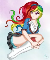 Size: 1600x1900 | Tagged: artist:fluffydus, blue underwear, clothes, derpibooru import, human, humanized, kneesocks, looking at you, miniskirt, missing shoes, panties, rainbow dash, rainbow dash always dresses in style, safe, schoolgirl, school uniform, shirt, skirt, smiling, socks, solo, sweater, underwear, upskirt