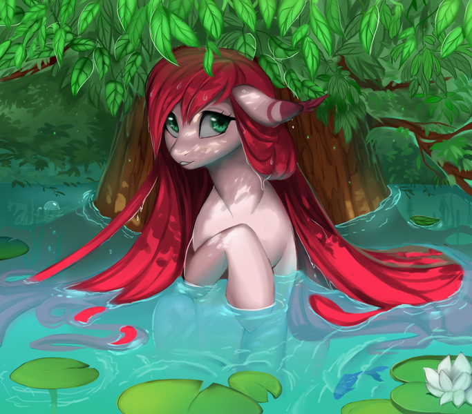 Size: 3300x2900 | Tagged: safe, artist:santagiera, derpibooru import, oc, oc:ruby, unofficial characters only, fish, pony, cute, female, lilypad, mare, outdoors, solo, tree, water, wet, wet mane