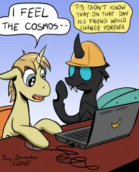 Size: 711x880 | Tagged: safe, artist:pony-berserker, derpibooru import, oc, oc:berzie, oc:szafalesiaka, unofficial characters only, changeling, pony, unicorn, banana, computer, hard hat, hat, katamari damacy, laptop computer