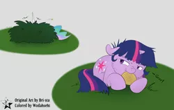 Size: 4500x2857 | Tagged: artist:bri-sta, artist:wodahseht, behaving like a dog, bush, colored, color edit, cookie, cute, derpibooru import, eating, filly, filly twilight sparkle, floppy ears, fluffy, frown, glare, growling, hiding, horn, looking back, nom, princess celestia, prone, puffy cheeks, safe, twiabetes, twilight sparkle