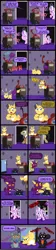 Size: 2000x8958 | Tagged: safe, artist:magerblutooth, derpibooru import, diamond tiara, filthy rich, oc, oc:dazzle, oc:il, oc:peal, big cat, bobcat, cat, imp, pony, comic:diamond and dazzle, collar, comic, phone, sleeping, sleepy, smoothie, stuck, television, tiara