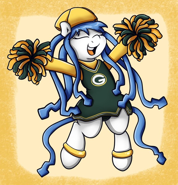 Size: 1231x1280 | Tagged: safe, artist:graphene, derpibooru import, ponified, pony, american football, anklet, bipedal, cheering, cheerleader, clothes, cute, dreadlocks, dress, eyes closed, green bay packers, gridiron football, happy, ika musume, nfl, open mouth, pom pom, shirt, simple background, smiling, solo