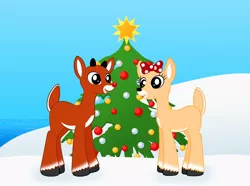 Size: 800x594 | Tagged: artist:gitzyrulz, barely pony related, christmas tree, clarice, deer, derpibooru import, ponified, reindeer, rudolph, rudolph the red nosed reindeer, safe, tree