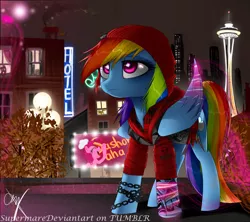 Size: 1774x1574 | Tagged: artist:supermare, beanie, chains, clothes, crossover, delsin rowe, derpibooru import, hat, infamous, infamous second son, night, pinkie pie, rainbow dash, safe, seattle, solo, space needle, video game