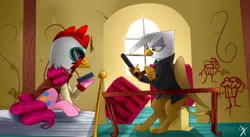 Size: 1968x1081 | Tagged: safe, artist:supermare, derpibooru import, gilda, pinkie pie, gryphon, bonnie, clothes, commission, crossover, gun, hotline miami, jacket, john wick, mask, payday, payday 2, pistol, weapon