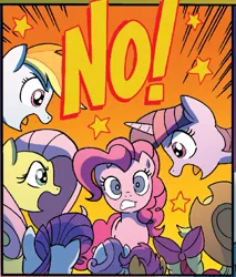 Size: 634x745 | Tagged: safe, artist:tonyfleecs, derpibooru import, edit, idw, apple bloom, applejack, fluttershy, pinkie pie, rainbow dash, rarity, scootaloo, sweetie belle, twilight sparkle, twilight sparkle (alicorn), alicorn, earth pony, pony, night of the living apples, spoiler:comic, spoiler:comic33, cropped, cutie mark crusaders, female, filly, foal, mane six, mare, no, official comic