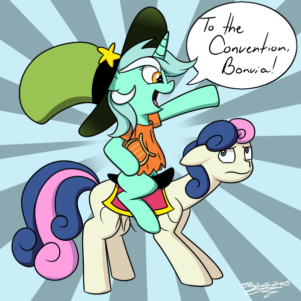 Size: 1000x1000 | Tagged: safe, artist:espeonna, derpibooru import, bon bon, lyra heartstrings, sweetie drops, earth pony, pony, unicorn, bon bon is not amused, lyre, parody, ponies riding ponies, riding, saddle, wander over yonder