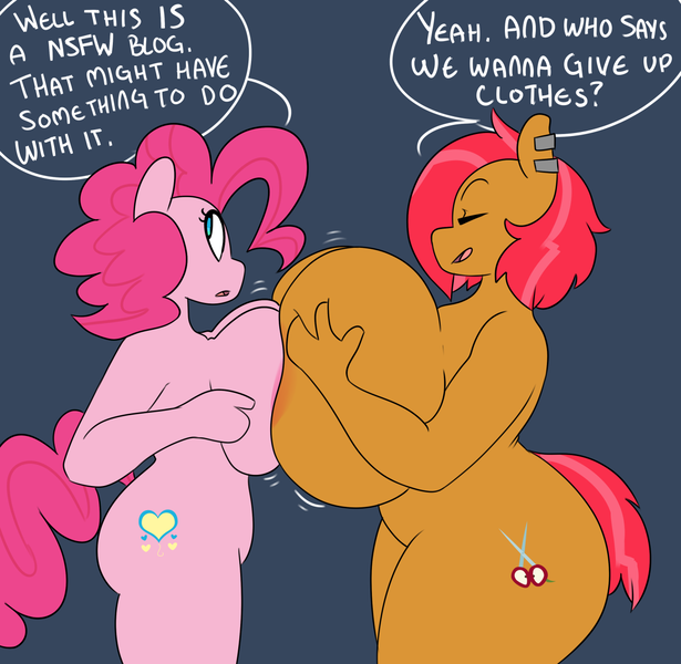 Size: 1280x1249 | Tagged: anthro, areola, artist:somescrub, ask, asymmetrical docking, babs seed, bbw, big breasts, breasts, breast squeeze, busty babs seed, busty pinkie pie, chubby, curvy, cute, cutie mark, derpibooru import, dialogue, female, huge breasts, hugtastic pinkie pie, impossibly large breasts, nipples, nudity, piercing, pinkie pie, pinkie thighs, plump, questionable, simple background, squishy, squooshy, symmetrical docking, thunder thighs, tumblr