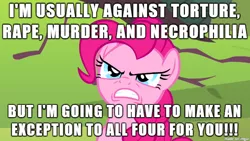 Size: 610x343 | Tagged: caption, derpibooru import, edit, edited screencap, image macro, implied rape, meme, pinkie pie, screencap, semi-grimdark, suggestive, torture