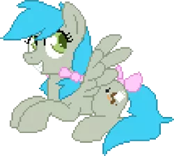 Size: 600x538 | Tagged: safe, artist:wingedwolf94, deleted from derpibooru, derpibooru import, oc, oc:darcy sinclair, unofficial characters only, pegasus, pony, bow, looking at you, pixel art, prone, simple background, solo, transparent background