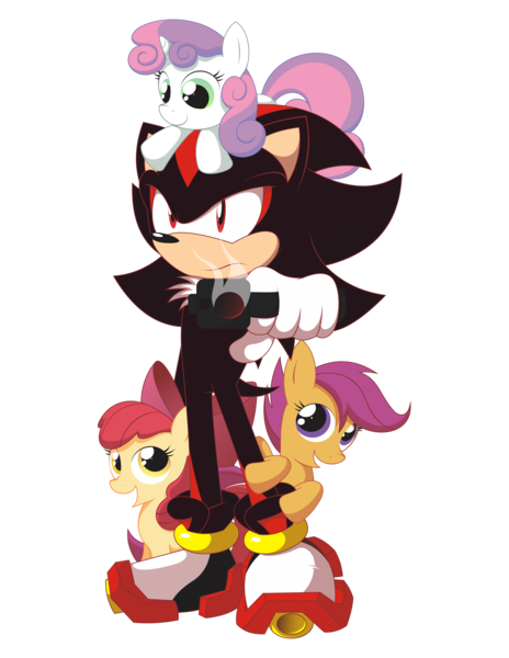 Size: 3516x4549 | Tagged: absurd resolution, apple bloom, artist needed, crossover, cutie mark crusaders, derpibooru import, edgy, frown, glare, grin, gun, looking at you, pony hat, safe, scootaloo, shadow the hedgehog, simple background, smiling, sonic the hedgehog (series), source needed, sweetie belle, this will end in tears and/or death and/or covered in tree sap, transparent background, weapon