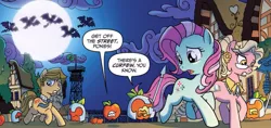 Size: 1347x635 | Tagged: safe, derpibooru import, idw, applejack, marian, minty, pinkie pie, rainbow dash, rarity, twilight sparkle, twilight sparkle (alicorn), alicorn, bat pony, earth pony, pony, night of the living apples, spoiler:comic, spoiler:comic33, apple, applebat, female, food, full moon, g3, g3 to g4, generation leap, helmet, imminent doom, living apple, male, mare, moon, night, official comic, pinkiebat, pnn, race swap, rainbowbat, raribat, spear, speech bubble, stallion, twibat, weapon