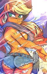 Size: 2893x4500 | Tagged: anthro, applebutt, applejack, artist:nxyde, ass, breasts, busty applejack, buttcheeks, cigarette, clothes, daisy dukes, derpibooru import, female, gun, holster, jeans, looking back, neckerchief, no tail, pants, pistol, revolver, shells, sideboob, smoking, solo, solo female, suggestive, topless, wedgie