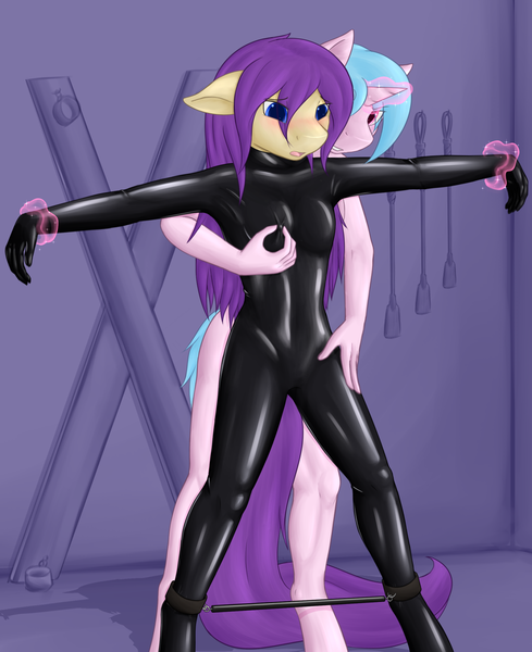 Size: 1890x2318 | Tagged: questionable, artist:daf, derpibooru import, oc, oc:generic brit, oc:pink lace, unofficial characters only, anthro, earth pony, unicorn, anthro oc, blushing, bodysuit, bondage, bondage cross, bondage furniture, bondage gear, breasts, female, latex, latex suit, lesbian, magic, magical bondage, nipple pinch, pinch, riding crop, small breasts, spreader bar