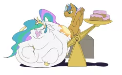 Size: 1280x793 | Tagged: suggestive, artist:calorie, derpibooru import, princess celestia, oc, pony, unicorn, bingo wings, cake, cakelestia, chubby cheeks, chubbylestia, crown, double chin, eating, fat, immobile, impossibly large belly, impossibly wide hips, morbidly obese, obese, scale, sunbutt, weight gain, wide hips