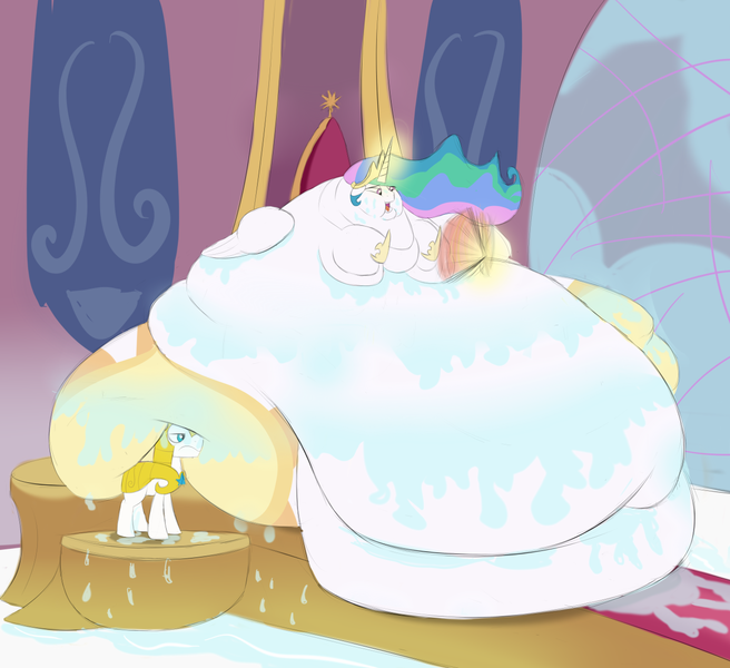 Size: 1280x1170 | Tagged: artist:astr0zone, ass, bingo wings, chubby cheeks, chubbylestia, derpibooru import, double chin, excessive sweat, fan, fat, fat wings, immobile, impossibly large belly, impossibly large butt, indoors, magic, morbidly obese, obese, princess celestia, questionable, royal fitness, royal guard, slob, sunbutt, sweat, telekinesis