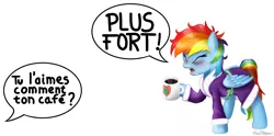 Size: 2212x1100 | Tagged: artist:finalaspex, bathrobe, clothes, coffee, derpibooru import, dressing gown, french, louder, morning, morning ponies, mug, pun, rainbow dash, safe, screaming, solo, tank