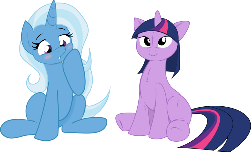 Size: 6587x4000 | Tagged: safe, artist:bork88, artist:joey darkmeat, derpibooru import, trixie, twilight sparkle, pony, unicorn, :o, absurd resolution, blushing, cute, doll, female, lesbian, mare, plushie, shipping, simple background, sitting, smiling, toy, transparent background, twidoll, twixie, underhoof