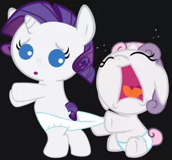 Size: 4500x4200 | Tagged: safe, artist:beavernator, derpibooru import, rarity, sweetie belle, pony, absurd resolution, babies, babity, baby belle, baby ponies, baby pony, butt, crying, diaper, diaper pull, diapered, diapered fillies, diapered foals, female, filly, foal, image, png, sisters, white diapers