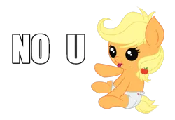 Size: 950x651 | Tagged: safe, artist:wreky, derpibooru import, applejack, pony, baby, baby pony, babyjack, cute, diaper, filly, foal, no u, reaction image, solo