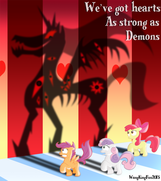 Size: 1134x1280 | Tagged: apple bloom, artist:wangkingfun, cutie mark crusaders, demon, derpibooru import, hearts as strong as horses, safe, scootaloo, shadow, sweetie belle