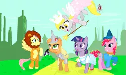 Size: 801x481 | Tagged: artist needed, safe, artist:hipster-ponies, artist:kasun05, artist:shutterflye, derpibooru import, applejack, derpy hooves, fluttershy, rarity, twilight sparkle, diamond dog, earth pony, pegasus, pony, unicorn, clothes, costume, dress, dressup, flockdraw, hat, hiding, magic wand, the wizard of oz, witch hat