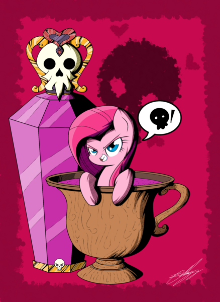 Size: 1606x2202 | Tagged: safe, artist:therandomjoyrider, derpibooru import, pinkie pie, earth pony, pony, cup, cup of pony, micro, pinkamena diane pie, poison, skull, solo, tiny ponies