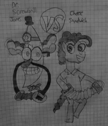 Size: 1024x1194 | Tagged: artist:mlp-vs-capcom, cheese sandwich, crossover, derpibooru import, dr screwball jones, graph paper, monochrome, safe, the boy wander, traditional art, voice actor joke, wander over yonder, weird al yankovic