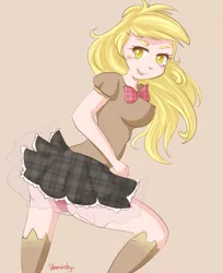 Size: 2361x2900 | Tagged: artist:verminshy, bowtie, clothes, derpibooru import, derpy hooves, female, human, humanized, panties, school uniform, school uniform fetish, skirt, solo, solo female, stockings, suggestive, underwear