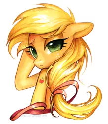 Size: 577x661 | Tagged: safe, artist:miszasta, derpibooru import, applejack, alternative cutie mark placement, fabulous, floppy ears, lidded eyes, looking at you, looking back, looking over shoulder, ribbon, solo, traditional art, watercolor painting