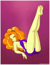 Size: 1280x1657 | Tagged: suggestive, artist:rapps, derpibooru import, adagio dazzle, equestria girls, barefoot, blushing, breasts, busty adagio dazzle, clothes, erect nipples, feet, female, jewelry, legs in air, nipple outline, one-piece swimsuit, open-back swimsuit, pendant, simple background, solo, solo female, stupid sexy adagio dazzle, swimsuit, toes