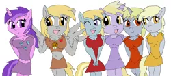 Size: 1024x456 | Tagged: amethyst star, anthro, artist:sonicfazbear15, belly button, breasts, busty chirpy hooves, busty derpy hooves, busty dinky hooves, busty dipsy hooves, busty dizzy hooves, chirpy hooves, cleavage, clothes, derpibooru import, derpy hooves, dinky hooves, dipsy hooves, dizzy doo, dizzy hooves, family, female, midriff, miniskirt, skirt, suggestive