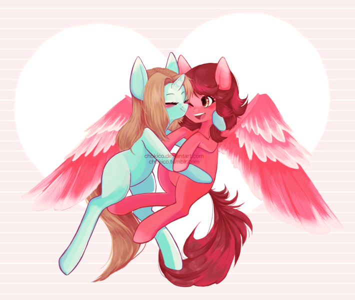 Size: 900x761 | Tagged: safe, artist:chokico, derpibooru import, oc, unofficial characters only, pegasus, pony, unicorn, blushing, female, floating, lesbian, mare, nuzzling, ponysona, shipping, smiling