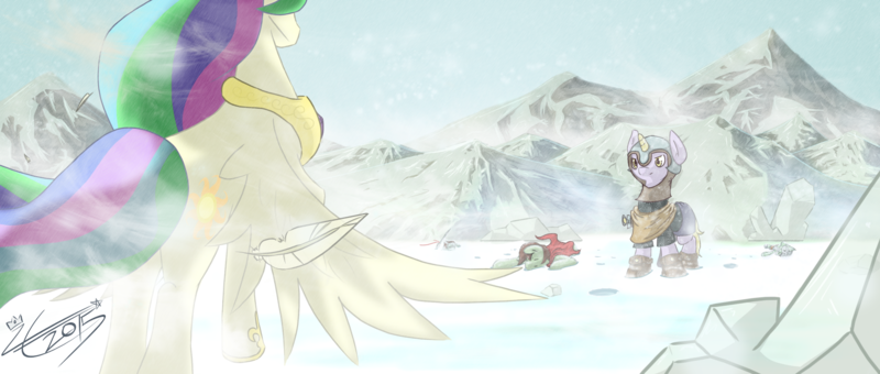 Size: 2901x1233 | Tagged: artist:liracrown, derpibooru import, detailed, mountain, norse mythology, princess celestia, safe, snow