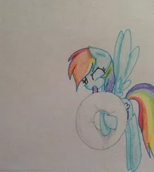 Size: 296x330 | Tagged: artist:rainbowrules, blowing, derpibooru import, floaty, flying, implied sweetie belle, inflating, inner tube, pool toy, puffy cheeks, rainbow dash, safe, solo, spread wings, swimming pool, traditional art, wink