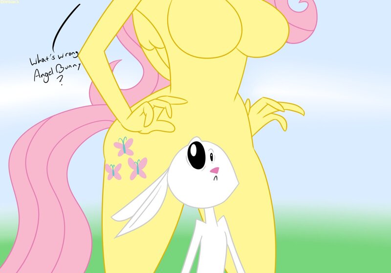 Size: 1280x896 | Tagged: angel bunny, anthro, artist:mofetafrombrooklyn, barbie doll anatomy, breasts, busty fluttershy, derpibooru import, featureless breasts, female, fluttershy, head out of frame, nudity, strategically covered, suggestive