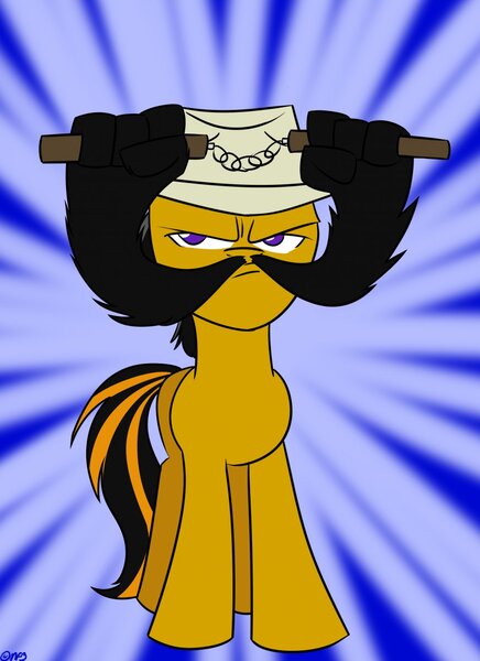 Size: 931x1280 | Tagged: safe, artist:mofetafrombrooklyn, derpibooru import, oc, oc:overhaul, unofficial characters only, earth pony, pony, dustykatt, hat, male, manly, manly as fuck, moustache, nunchucks, ponysona, ponytail, prehensile beard, solo, stallion