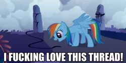 Size: 600x302 | Tagged: derpibooru import, edit, edited screencap, friendship is magic, image macro, meme, open mouth, rainbow dash, reaction image, safe, screencap, smiling, solo, spiderman thread, spread wings, thread, vulgar