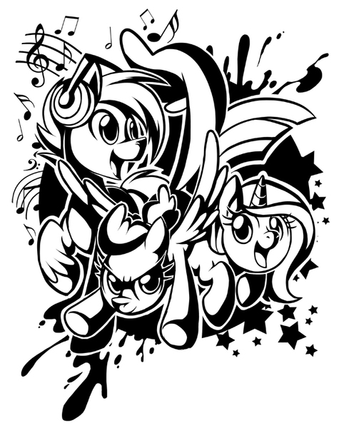 Size: 600x747 | Tagged: artist:centchi, artist:lanmana, bronycon, bronycon 2015, bronycon mascots, derpibooru import, duckface, headphones, hoofevent, monochrome, oc, oc:blank canvas, oc:hoof beatz, oc:mane event, safe, shirt design, t shirt design, unofficial characters only