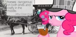 Size: 1126x550 | Tagged: bubble, bubble pipe, carriage, deerstalker, derpibooru import, hat, horse, photo, pinkie pie, pipe, quote, safe, sherlock holmes