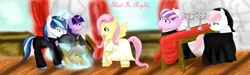 Size: 4474x1340 | Tagged: safe, artist:reipid, derpibooru import, fluttershy, nurse redheart, nurse sweetheart, shining armor, twilight sparkle, ponified, earth pony, pegasus, pony, unicorn, bishop, candelabra, church, crossover, female, javert, jean valjean, les miserables, magic, male, mare, nun, sad, speech, stallion, tablecloth