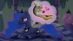 Size: 900x506 | Tagged: safe, artist:elementalokami, derpibooru import, discord, princess luna, bed, blushing, crying, female, heart, imagination, implied shipping, lamp, lunacord, male, mouth hold, rose, scrunchy face, shipping, straight