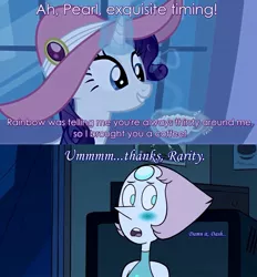 Size: 1425x1536 | Tagged: blushing, coffee, crack shipping, derpibooru import, diamond and pearl, edit, edited screencap, image macro, implied lesbian, implied shipping, meme, oblivious, pearl (steven universe), photoshop, pun, rarity, safe, screencap, screencap comic, shipping, steven universe, sweet and elite, thirsty